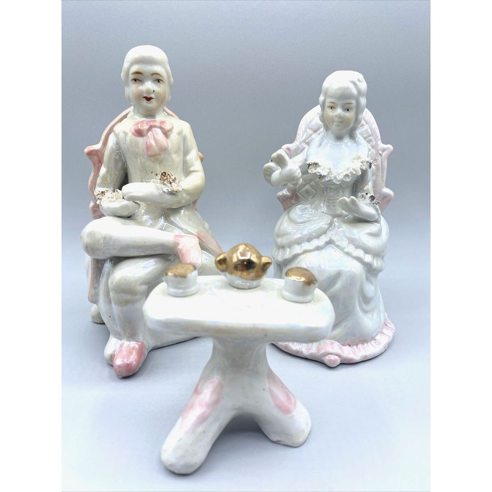 Victorian Porcelain Couple And table Figurines Having‎ Tea - 3 Piece ~7" Tall
